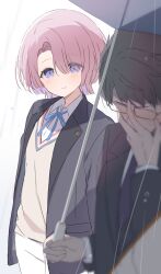  1boy 1girl absurdres arimura_mao black_hair black_jacket blue_ribbon blush closed_mouth collared_shirt commentary_request embarrassed eyes_visible_through_hair gakuen_idolmaster glasses hair_over_one_eye highres idolmaster jacket looking_at_another mochigome_(ununquadium) neck_ribbon pants pink_hair producer_(idolmaster) rain rectangular_eyewear ribbon shared_umbrella shirt short_hair simple_background smile sweater_vest umbrella violet_eyes white_background white_pants white_shirt yellow_sweater_vest 