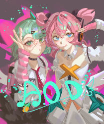  2girls absurdres angels_of_delusion aniol_art aqua_streaks aria_(human)_(zenless_zone_zero) aria_(zenless_zone_zero) arm_warmers bag blue_eyes blush commentary_request dress fingerless_gloves fur-trimmed_skirt fur_trim gloves green_eyes green_hair hair_ornament hairpin hand_on_own_face hand_over_eye hand_up heart highres looking_at_another looking_at_viewer multicolored_hair multiple_girls multiple_hairclips necktie pink_arm_warmers pink_bag pink_hair red_necktie shirt skirt streaked_hair striped_arm_warmers sunna_(zenless_zone_zero) tongue tongue_out upper_body white_dress white_shirt white_wings winged_bag wings zenless_zone_zero 