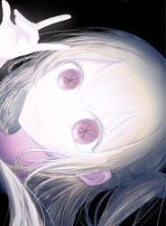  1girl black_background blonde_hair closed_mouth fox_shadow_puppet hair_between_eyes hand_up highres hoshino_ruby long_hair looking_at_viewer one_side_up oshi_no_ko pink_eyes portrait rayamamami sideways simple_background smile solo star-shaped_pupils star_(symbol) symbol-shaped_pupils 