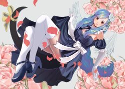  1girl angel_wings bare_shoulders big_hair black_dress blue_hair bow braid closed_mouth clothes_lift detached_collar dizzy_(guilty_gear) dress dress_lift elbow_gloves floral_background flower gloves grey_background guilty_gear guilty_gear_strive hair_flower hair_ornament high_heels highres light_smile long_hair long_sidelocks looking_at_viewer off-shoulder_dress off_shoulder parted_bangs petals pink_flower pink_petals pink_rose platform_heels queen_dizzy red_eyes ribbon rose sidelocks single_braid smile solo tail tail_bow tail_ornament tail_ribbon thigh-highs very_long_hair white_flower white_gloves white_thighhighs white_wings wings yellow_flower yellow_ribbon yutaponxd 