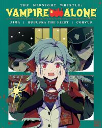  3girls :o aima_(reverse:1999) black_coat black_dress black_hat blue_eyes brown_hair character_name closed_mouth coat corvus_(reverse:1999) dress english_text eyepatch flashlight gloves green_background green_hat grey_eyes grey_hair hands_on_own_cheeks hands_on_own_face hat highres holding holding_flashlight home_alone jacket looking_at_viewer looking_outside medium_hair multiple_girls one_eye_covered open_mouth parody peaked_cap quad_braids red_eyes red_sash red_scarf reverse:1999 rubuska sash scarf shoulder_sash snow solo_focus stitched_face stitches sweat upper_body white_gloves white_jacket window yurax-mae 