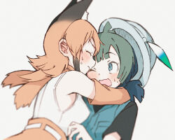  1boy 1girl absurdres animal_ears blue_eyes blush caracal_(kemono_friends) couple elbow_gloves embarrassed enoki_art gloves green_hair hat hat_feather highres hug kemono_friends kemono_friends_2 kyururu_(kemono_friends) open_mouth orange_hair scarf shipping_(fandom) shirt skirt sleeveless sleeveless_shirt surprised sweatdrop 