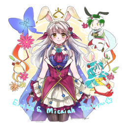  1boy 2girls absurdres animal_ear_hairband animal_ears aqua_eyes aqua_hair ascot bare_shoulders bird black_pantyhose character_name chibi chibi_inset commentary_request eggmiso66 eirika_(fire_emblem) eirika_(spring_company)_(fire_emblem) english_text fake_animal_ears fingerless_gloves fire_emblem fire_emblem:_radiant_dawn fire_emblem:_the_sacred_stones fire_emblem_heroes gloves green_hair grey_hair hairband highres long_hair looking_at_viewer micaiah_(fire_emblem) micaiah_(spring_company)_(fire_emblem) multiple_girls official_alternate_costume pantyhose rabbit_ear_hairband rabbit_ears short_hair sidelocks skirt smile sothe_(fire_emblem) sothe_(in_the_breeze)_(fire_emblem) yellow_eyes yune_(fire_emblem) 