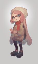  1girl backpack bag beanie black_boots blue_eyes bongnom boots brown_jacket commentary grey_background hat highres inkling inkling_girl inkling_player_character jacket leggings long_hair long_sleeves looking_at_viewer open_mouth pink_hair pointy_ears red_scarf scarf simple_background solo splatoon_(series) tentacle_hair white_hat 