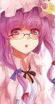  bespectacled blush bow breasts cleavage crescent dress glasses hair_bow hat long_hair nanahara_fuyuki patchouli_knowledge pink_eyes purple_hair solo touhou 