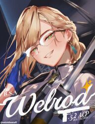  1girl absurdres adjusting_eyewear asymmetrical_hair black_necktie blonde_hair blue_gloves braid braided_bangs character_name collared_shirt commentary dress_shirt earrings english_commentary girls'_frontline_2:_exilium girls_frontline gloves green_eyes grin half-closed_eyes highres jewelry looking_at_viewer medium_hair michilinstuff narrowed_eyes necktie rimless_eyewear shirt smile solo twitter_username umbrella union_jack upper_body welrod_(girls'_frontline_2) welrod_mkii_(girls'_frontline) white_shirt 