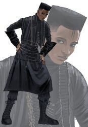 1boy absurdres birthday black_boots black_hair black_pants black_robe boots chaosoded dark-skinned_male dark_skin etika expressionless flattop full_body hands_on_own_hips high_top_fade highres long_sleeves looking_at_viewer male_focus pants pants_tucked_in real_life robe solo standing very_dark_skin 