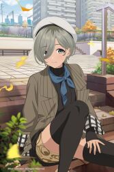  1girl artist_request bad_source bench beret black_shirt black_thighhighs blue_neckerchief blush brown_eyes brown_jacket building closed_mouth copyright_notice day detached_sleeves earrings falling_leaves girls_band_cry grey_hair hair_between_eyes hat highres jacket jewelry leaf long_hair_between_eyes long_sleeves mole mole_under_eye multicolored_hair neckerchief official_art open_clothes open_jacket outdoors plant power_lines railing roots_(hair) rupa_(girls_band_cry) shirt short_hair sitting sleeves_past_wrists solo stairs stud_earrings thigh-highs tiles white_hat 
