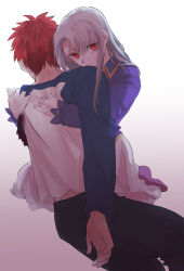  1boy 1girl absurdres adoptive_siblings amputee armless_amputee blood corpse death dying emiya_shirou fate/stay_night fate_(series) highres hug illyasviel_von_einzbern jacket long_hair long_sleeves muzzlerao orange_hair protecting raglan_sleeves red_eyes red_hair short_hair siblings white_hair 