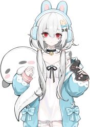  1girl animal_ear_headphones animal_ears artist_request bags_under_eyes bell black_bow black_collar blue_bow bow cardigan choker closed_mouth collar controller dress eyelashes facial_mark fake_animal_ears frilled_choker frills game_controller ghost hair_between_eyes hair_bow hair_ornament headphones holding long_bangs long_hair long_sleeves mark_under_eye neck_bell non-web_source official_art pajamas petite red_eyes socks solo stuffed_toy thigh-highs tlipoca trainee_death_simulator twintails white_dress white_hair white_socks 