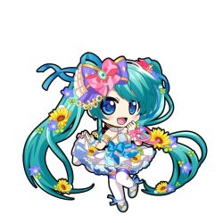 1girl :d animated animated_png ankle_ribbon aqua_eyes armlet bare_shoulders black_outline blue_bow blue_eyes blue_ribbon blue_shoes blush bow chibi chibi_only clover colored_petticoat dress dress_flower flower full_body game_asset hair_bow hair_flower hair_ornament halter_dress halterneck hand_on_own_face hatsune_miku hatsune_miku_graphy_collection holding_own_dress jewelry leg_ribbon long_hair looking_at_viewer one_eye_closed open_mouth outline pearl_hair_ornament petticoat pink_bow pink_flower purple_bow ribbon shoes smile solo standing standing_on_one_leg sunflower thigh-highs transparent_background twintails very_long_hair vocaloid white_thighhighs white_wrist_cuffs winking_(animated) wrist_cuffs yellow_flower 