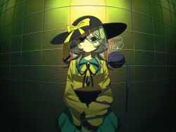  1girl black_hat bow bowtie buttons commentary_request diamond_button disembodied_linked_eye english_commentary eyeball frilled_sleeves frills green_eyes green_hair green_skirt hat hat_bow highres kanae_mituki komeiji_koishi mixed-language_commentary purple_bow purple_bowtie shirt signature skirt smile solo tile_wall tiles touhou wide_sleeves yellow_bow yellow_shirt 