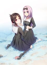  2girls :p black_bow black_dress black_hair black_socks blue_eyes blunt_bangs blush bow caisena chinese_commentary closed_mouth commentary_request dress eyes_visible_through_hair feet folded_ponytail frown fujiwara_chika full_body hair_bow hair_ribbon highres holding_hands interlocked_fingers kaguya-sama_wa_kokurasetai_~tensai-tachi_no_renai_zunousen~ kneehighs long_hair long_sleeves looking_at_another looking_at_viewer looking_back multiple_girls no_shoes ocean outdoors parted_bangs pink_hair pleated_dress red_eyes red_ribbon ribbon shinomiya_kaguya sidelocks simple_background smile socks soles starfish straight_hair tongue tongue_out white_background white_socks yuri 