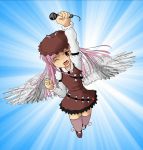  1girl brown_eyes hat highres long_hair microphone mystia_lorelei open_mouth pink_hair solo thigh-highs thighhighs touhou wings wink 