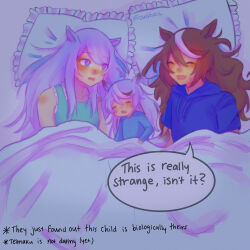  3girls alternate_hairstyle animal_ears bed brown_hair child english_text family highres horse_ears horse_girl if_they_mated mejiro_mcqueen_(umamusume) mother_and_child mother_and_daughter multicolored_hair multiple_girls on_bed owiphony parent_and_child pillow purple_hair single_hair_streak sleeping sleeping_together streaked_hair tokai_teio_(umamusume) umamusume violet_eyes white_streaks 