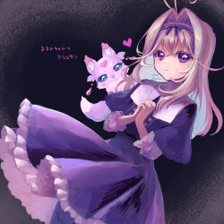  1girl absurdres antenna_hair black_dress black_ribbon black_skirt blush brown_hair collar commentary_request dress hair_intakes hair_ribbon highres holding jewelry looking_at_viewer mashu-tan medium_hair meitantei_precure! moria_luluka necklace own_hands_together parted_lips precure rere_hanemi ribbon skirt smile upper_body violet_eyes white_collar 