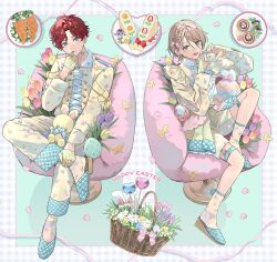  2boys alternate_costume alternate_hairstyle amagi_hiiro animal_ears basket blonde_hair blue_eyes bow bowtie braid bug butterfly carrot chair choker collared_shirt commentary crossed_ankles curtained_hair earrings easter_egg egg ensemble_stars! flower food fruit full_body gloves green_eyes hair_ornament hairclip hand_up hands_up happy_easter heart heart_hands highres jewelry knee_up long_sleeves male_focus mc_copycat multiple_boys on_chair petals pink_flower pink_petals pink_ribbon plate purple_flower purple_tulip rabbit_ears red_hair ribbon sandwich shiratori_aira_(ensemble_stars!) shirt short_hair shorts single_braid sitting strawberry stuffed_animal stuffed_rabbit stuffed_toy thigh_strap tulip untranslatable_commentary white_flower yellow_flower yellow_gloves yellow_tulip 