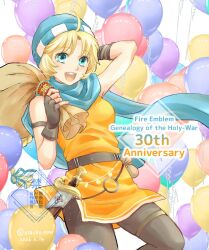  1girl anniversary arm_up balloon beanie belt black_gloves black_pantyhose blonde_hair blue_eyes blue_scarf braid breasts brown_belt commentary_request copyright_name cowboy_shot dated fingerless_gloves fire_emblem fire_emblem:_genealogy_of_the_holy_war gloves hat highres holding holding_sack long_hair looking_at_viewer open_mouth orange_tunic pantyhose patty_(fire_emblem) sack scarf sheath sheathed sleeveless sleeveless_tunic small_breasts smile solo teeth tunic twitter_username upper_teeth_only usachu_now watermark 