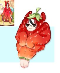  1girl :3 barefoot black_hair closed_mouth commentary english_commentary eyelashes food-themed_clothes full_body hakos_baelz hakos_baelz_(strawberry_onesie) highres hololive hololive_english jitome long_sleeves monica_mtna official_alternate_costume onesie red_hair reference_inset screenshot_inset simple_background sitting sleeves_past_fingers sleeves_past_wrists smile solo virtual_youtuber white_background white_hair 