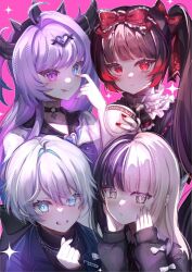  4girls ahoge black_hair black_shirt blonde_hair blue_eyes bow choker cup dress frills gokubara_michika gothic_lolita gradient_hair hair_ornament heart heterochromia highres hime_cut kache lolita_fashion moudoku_denpa_shoujo_purple_lollipop multicolored_hair multiple_girls nail_polish nechika-sama needy_girl_overdose pink_background purple_hair red_hair shirt short_hair sparkle tactoki teacup twintails two-tone_hair white_hair 
