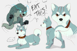  akita_inu animal animal_focus azzai brown_collar brown_eyes claws collar commentary dog english_commentary english_text from_behind gin_(ginga_nagareboshi_gin) ginga_(franchise) ginga_nagareboshi_gin glowing glowing_eyes grey_background jumping multiple_views no_humans pawpads scar simple_background sitting watermark web_address x_anus 