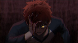  1boy aura blood blood_in_hair blood_on_face blood_on_hand closed_mouth corruption dark_aura dark_persona darkness emiya_shirou fate/stay_night fate_(series) glowing glowing_eyes long_sleeves looking_at_viewer none_(kameko227) orange_hair pixiv raglan_sleeves short_hair solo yellow_eyes 