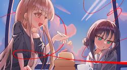  2girls absurdres averting_eyes black_hair black_shirt blonde_hair blush cho_kaguya-hime! clouds commentary_request cup feeding food fruit green_eyes highres holding holding_food kaguya_(cho_kaguya-hime!) looking_at_another multiple_girls neko_chili open_mouth orange_eyes pancake pancake_stack sailor_collar sakayori_iroha shirt short_sleeves strawberry string string_of_fate upper_body window 