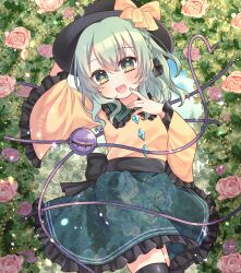  1girl :d \||/ absurdres arm_up artist_name back_bow black_bow black_hat black_ribbon black_thighhighs blouse blush bow braid buttons commentary contrast_collar cowboy_shot day diamond_button disembodied_linked_eye dot_nose eyeball finger_to_mouth floral_print flower frilled_shirt_collar frilled_skirt frilled_sleeves frills green_eyes green_hair green_nails green_skirt hair_between_eyes hair_bow hand_up hat hat_bow hayu_(hayu_e) heart heart_in_eye heart_of_string highres koishi_day komeiji_koishi long_sleeves looking_at_viewer medium_hair nail_polish open_mouth orange_flower orange_rose outdoors pink_flower pink_rose print_skirt purple_flower purple_rose raised_eyebrows ribbon rose rose_print shirt side_braid skirt smile solo sparkle standing star_(symbol) symbol_in_eye thigh-highs touhou twitter_username watermark wide_sleeves yellow_bow yellow_flower yellow_rose yellow_shirt zettai_ryouiki 