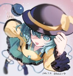  1girl adjusting_clothes adjusting_headwear artist_name baka_kichi black_hat blurry boots commentary_request dated depth_of_field disembodied_linked_eye floral_print floral_print_skirt frilled_skirt frilled_sleeves frills green_eyes green_hair green_skirt hat highres komeiji_koishi looking_at_viewer open_mouth print_skirt rose_print shirt skirt solo touhou yellow_shirt 