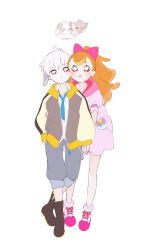  1boy 1girl 35kawaiiprpr absurdres boots brown_hair cheek-to-cheek commentary_request dog dress full_body grey_hair heads_together highres hooded_dress inukai_komugi inukai_komugi_(dog) jacket long_hair long_sleeves looking_at_viewer pink_dress ponytail precure puffy_long_sleeves puffy_sleeves rabbit short_hair simple_background toyama_daifuku toyama_daifuku_(civilian) toyama_daifuku_(rabbit) white_background wonderful_precure! 