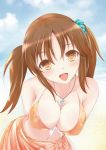  :d bikini blush breasts brown_eyes brown_hair cleavage erect_nipples front-tie_top fuku_d highres idolmaster idolmaster_cinderella_girls jewelry large_breasts leaning long_hair navel necklace open_mouth sarong shiny shiny_skin smile solo swimsuit totoki_airi twintails yellow_eyes 