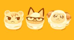  animal_crossing animal_ears artist_name black-framed_eyewear blush cat_ears character-themed_food commentary_request dom_(animal_crossing) food food_focus horns marshal_(animal_crossing) pancake raymond_(animal_crossing) rizu_(rizunm) sheep_horns simple_background squirrel_ears yellow_background 
