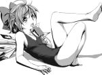  arm_support bow cirno curry_man hair_bow monochrome on_back one-piece_swimsuit open_mouth popsicle short_hair solo swimsuit tongue tongue_out touhou wings 
