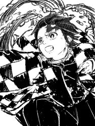  1boy checkered_haori clenched_teeth commentary_request cowboy_shot forehead hands_up haori jacket japanese_clothes kamado_tanjirou kimetsu_no_yaiba long_sleeves male_focus messy_hair nemu_(46_2367teimei) pants scar short_hair simple_background solo teeth v-shaped_eyebrows wide_sleeves 