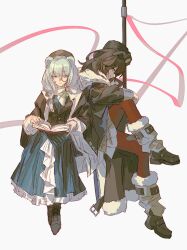 2girls absurdres animal_ears arknights bear_ears bear_girl beret black_boots black_capelet black_coat black_hat blue_eyes blue_skirt book boots brown_hair capelet closed_mouth coat commentary dafeiwurenkundexiangsi full_body fur-trimmed_coat fur_trim hat highres holding holding_book invisible_chair istina_(arknights) long_hair long_skirt long_sleeves looking_at_viewer monocle multiple_girls open_book pantyhose pink_ribbon red_pantyhose ribbon sitting skirt untranslatable_commentary zima_(arknights) zima_the_raging_tide_(arknights) 