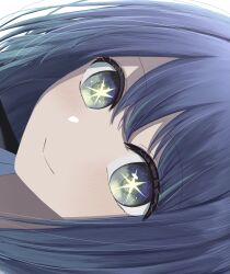  1girl blue_eyes blue_hair closed_mouth commentary_request highres kurokawa_akane looking_at_viewer medium_hair oshi_no_ko portrait rayamamami sideways simple_background smile solo star-shaped_pupils star_(symbol) symbol-shaped_pupils white_background 