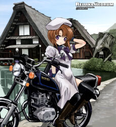  1girl arm_behind_head artist_logo beret black_thighhighs boots bow bowtie brown_boots brown_hair commentary_request hat highres higurashi_no_naku_koro_ni house jun_(rellik_&amp;_redrum) logo looking_at_viewer motor_vehicle motorcycle on_motorcycle outdoors purple_bow purple_bowtie ryuuguu_rena short_hair short_sleeves sitting smile solo thigh-highs violet_eyes white_hat 