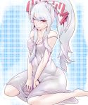  alternate_costume alternate_hairstyle bad_id barefoot blush bow breasts cleavage dress fujiwara_no_mokou hair_bow high_ponytail long_hair nightgown off_shoulder ponytail purple_dress red_eyes silver_hair sitting solo somsom strap_slip touhou v_arms wariza wink 