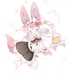  blue_eyes blush bow clothed_pokemon commentary_request dress food frilled_dress frills maid_headdress no_humans open_mouth pancake plate pokemon pokemon_(creature) pokemon_focus ribbon shiu_224 smile sylveon whipped_cream 