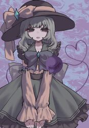 1girl atai_(56874442) blush bow chinese_commentary commentary_request dress frilled_dress frills grey_hair hat_ornament heart highres komeiji_koishi large_hat long_sleeves open_mouth purple_background short_hair third_eye touhou 