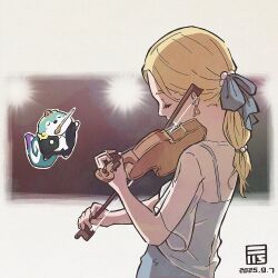  1girl animal artist_logo black_jacket black_pants blonde_hair blue_bow blue_dress bow bow_(music) closed_eyes clothed_animal collared_shirt commentary_request conductor_baton dated dress earrings from_side hair_bow hand_up highres holding holding_bow_(music) holding_instrument holding_violin instrument jacket jewelry logo mouth_hold multi-tied_hair myrthe pants playing_instrument ponytail see-through_clothes see-through_shirt shirt signature simple_background sleeveless sleeveless_dress spaghetti_strap spotlight tama-jii tensui_no_sakuna-hime triangle_earrings upper_body violin white_background white_shirt y_koichi 