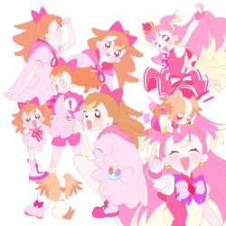  1girl 35kawaiiprpr bow bowtie brooch brown_hair crown cure_wonderful dog dress finger_heart heart heart_brooch highres hooded_dress inukai_komugi inukai_komugi_(dog) jewelry long_hair magical_girl mini_crown multicolored_hair multiple_views pink_dress pink_hair precure simple_background smile two-tone_hair two_side_up very_long_hair white_background wonderful_precure! 