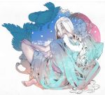  animal barefoot bird colorful crossed_legs from_behind jewelry long_hair maako_(waruiko) necklace original ringlets robe sitting snowflakes solo surreal white_hair 