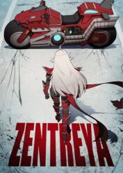  1girl ahoge akira_(manga) akira_movie_poster armor black_bodysuit bodysuit character_name commentary english_commentary facing_away indie_virtual_youtuber karandrawz long_hair motor_vehicle motorcycle red_armor red_scarf scarf solo very_long_hair virtual_youtuber white_hair zentreya zentreya_(cyborg) zentreya_(cyborg)_(zenrider) 