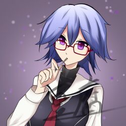  1girl black_sweater blue_hair candy chaos;child commentary_request efunohitof4 food food_in_mouth glasses hekiho_academy_school_uniform high_collar highres kazuki_hana lollipop lollipop_in_mouth long_sleeves necktie no_jacket red-framed_eyewear red_necktie sailor_collar school_uniform science_adventure short_hair short_necktie solo sweater turtleneck turtleneck_sweater upper_body violet_eyes white_sailor_collar 