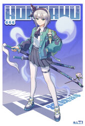  1girl absurdres alternate_costume ascot black_ascot black_hairband black_jacket breasts character_doll character_name chinese_commentary closed_mouth collared_shirt commentary_request commission doll flower full_body green_eyes grey_hair grey_skirt hairband hand_in_pocket highres hitodama hotpot_(876886120) jacket katana konpaku_youmu konpaku_youmu_(ghost) looking_at_viewer multicolored_jacket multiple_swords open_clothes open_jacket pantyhose pink_flower pleated_skirt second-party_source sheath sheathed shirt shoes short_hair skirt small_breasts solo sword thigh_strap touhou two-tone_jacket weapon white_pantyhose white_shirt white_shoes 