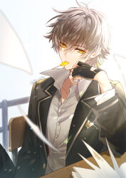  1boy artist_name black_gloves black_jacket black_pants blue_sky book buttons caelus_(honkai:_star_rail) candy chair classroom collared_shirt commentary_request curtains desk fingerless_gloves food food_in_mouth gloves graphia_academy_school_uniform grey_hair hair_between_eyes hand_on_own_face hand_up highres honkai:_star_rail honkai_(series) indoors jacket lapels lollipop lollipop_in_mouth long_sleeves looking_at_viewer male_focus matori_(penguin_batake) official_alternate_costume on_chair open_book open_clothes open_jacket open_mouth pants school_desk school_uniform shirt short_hair sitting sky solo sunlight trailblazer_(honkai:_star_rail) white_shirt yellow_eyes 