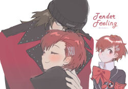  1boy 1girl aragaki_shinjirou beanie blush bow bowtie brown_eyes brown_hair closed_eyes coat english_text gekkoukan_high_school_uniform hair_ornament hairclip hat hetero hug long_hair looking_to_the_side nzsssm persona persona_3 persona_3_portable red_bow red_bowtie red_coat red_eyes s.e.e.s school_uniform shiomi_kotone short_hair sideways_glance simple_background smile trench_coat upper_body white_background x_hair_ornament 