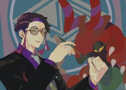  1058hoshi 1boy absurdres black_jacket commentary corbeau_(pokemon) eyewear_strap glasses highres holding holding_smoking_pipe jacket long_sleeves male_focus necktie parted_lips pokemon pokemon_legends:_z-a round_eyewear scolipede sideburns smoking_pipe undercut white_necktie yellow_eyes 