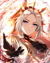  absurdres ahoge animal_ears ascot black_ascot black_gloves blue_eyes closed_mouth commentary_request ear_covers gem gloves green_gem highres horse_ears horse_girl jacket long_hair long_sleeves looking_at_viewer multicolored_hair orange_hair orfevre_(control)_(umamusume) orfevre_(umamusume) portrait single_ear_cover two-tone_hair umamusume white_hair white_jacket ya-ya 